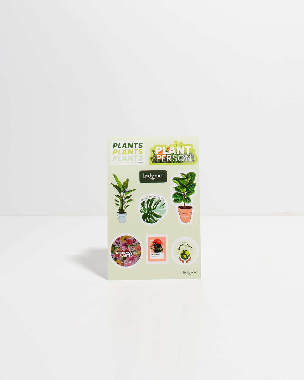 Lively Root plant sticker sheet featuring collection of decorative plant illustrations including monstera, ZZ plant, and potted houseplants with text stickers like "Bloom Where You're Planted" and "Grow Green," vinyl sticker set for plant lovers.